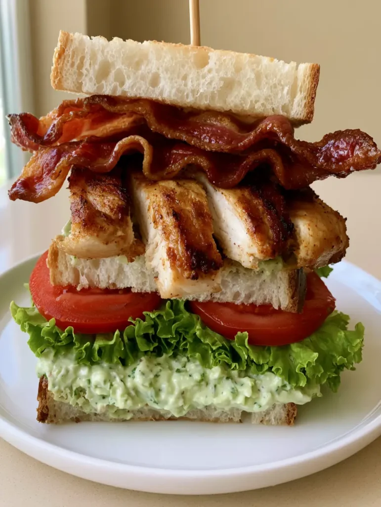 Side view of a triple-decker Chicken Club Sandwich on a white plate with a neutral beige background.