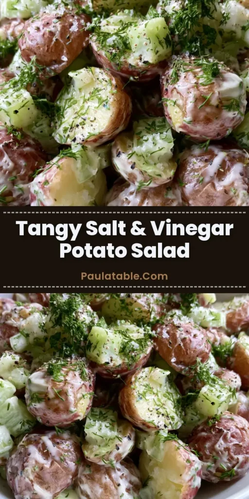 A top-down view of a white bowl filled with Salt and Vinegar Potato Salad featuring halved red potatoes and fresh dill.