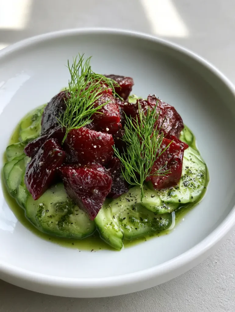 A handheld smartphone photo of a fresh cucumber and beetroot salad featuring thinly sliced cucumbers and crimson roasted beets.