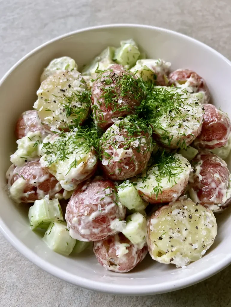 Handheld photo of Salt and Vinegar Potato Salad in a white ceramic bowl with visible red baby potatoes and cracked pepper.