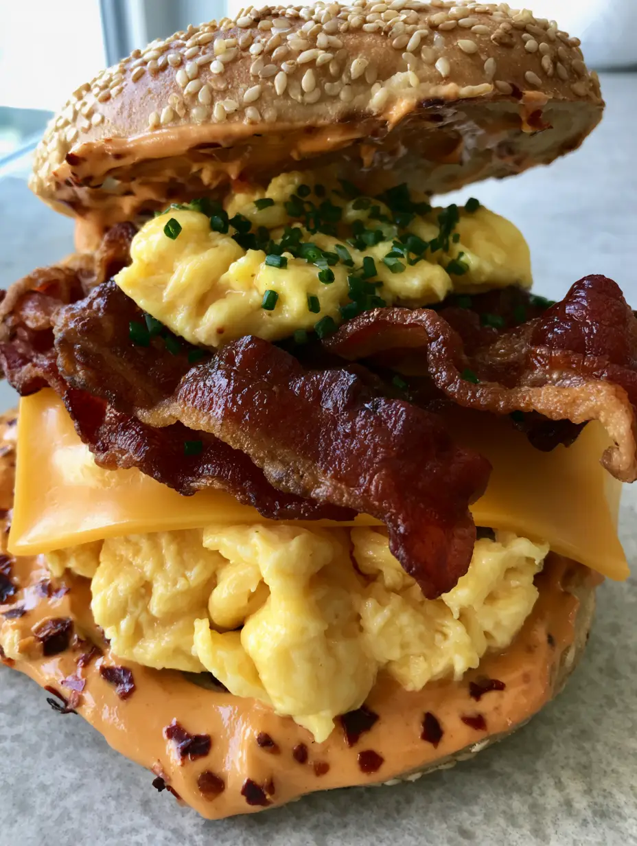 A handheld smartphone photo of a Spicy Chipotle Breakfast Sandwich showing the glossy orange sauce and moist scrambled eggs.