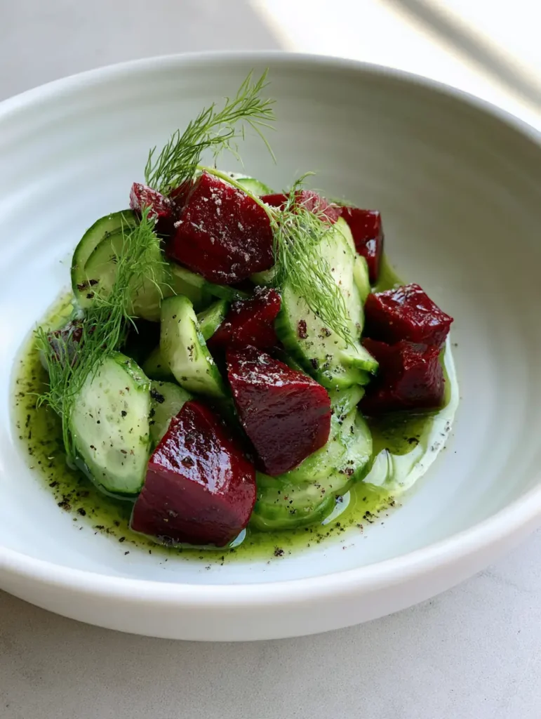 Close up of translucent herb vinaigrette being drizzled over roasted beet wedges and English cucumbers.