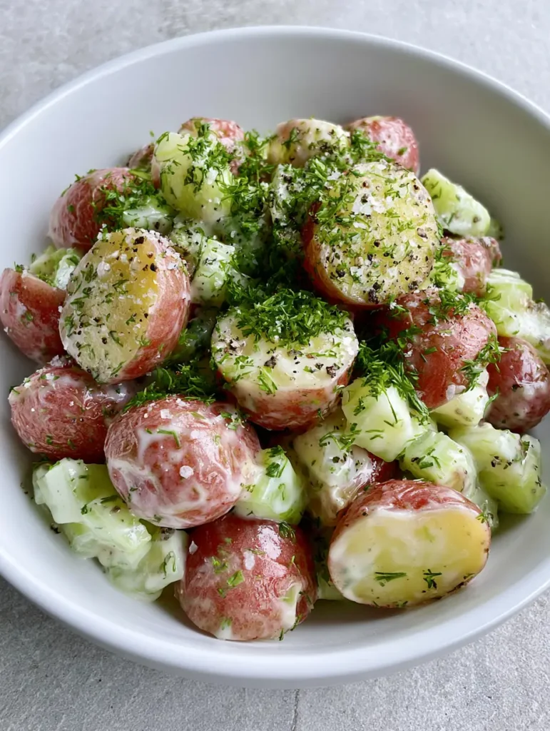A close-up shot of Salt and Vinegar Potato Salad highlighting the crisp celery and heavy dusting of fresh dill.