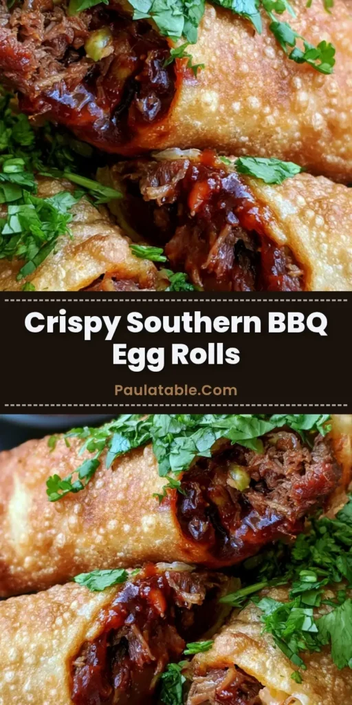 A stack of golden-brown BBQ Brisket Egg Rolls garnished with fresh cilantro on a dark plate.