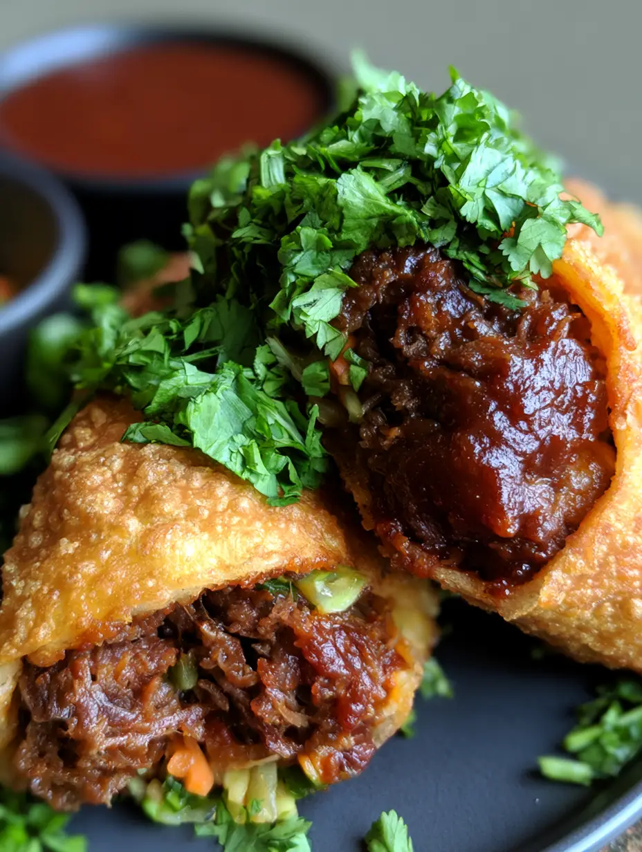 Handheld photo showing the bubbly texture of crispy BBQ Brisket Egg Rolls.