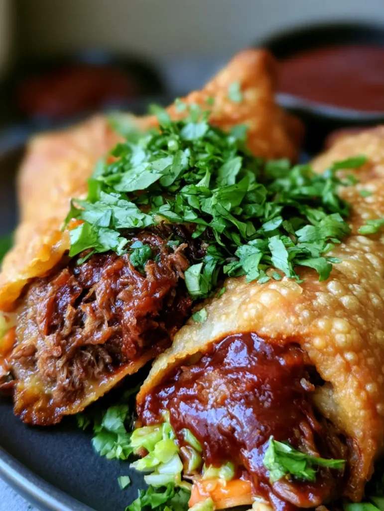 Diagonal slice of a BBQ Brisket Egg Roll revealing dense meat filling and softened cabbage.