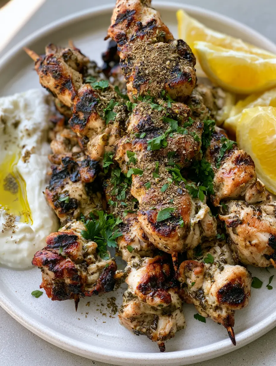 Grilled Greek chicken chunks with dark brown char marks and fresh parsley garnish. (Greek Chicken Marinade)