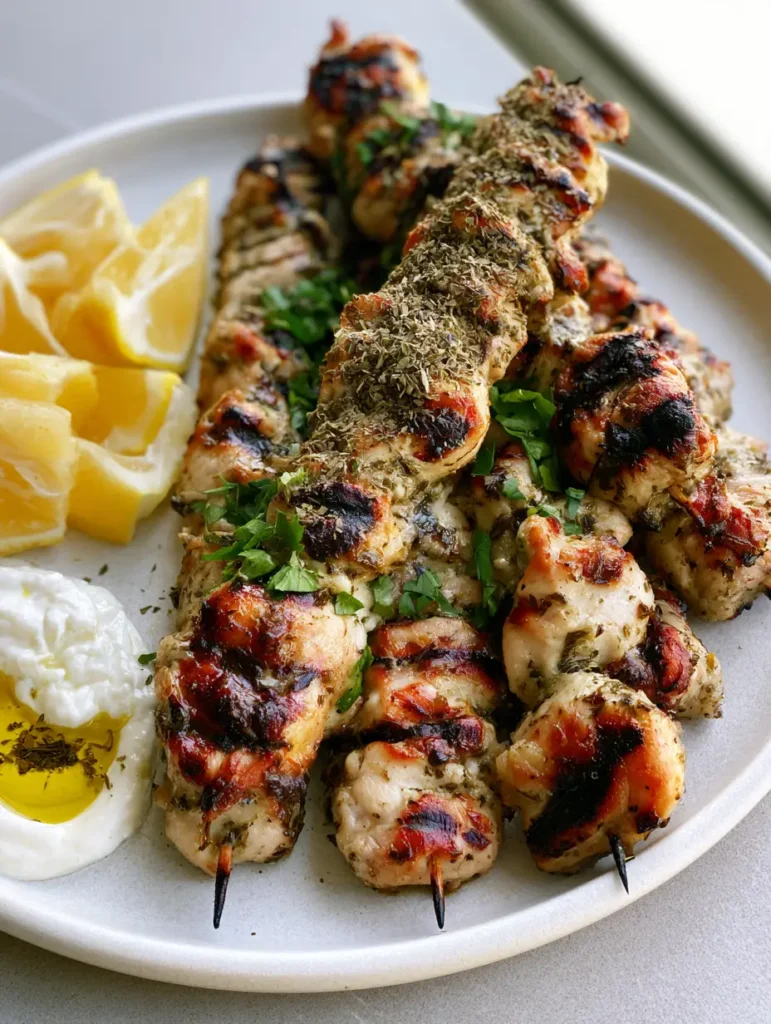 A top-down view of Mediterranean chicken skewers served with a creamy yogurt sauce well. (Greek Chicken Marinade)
