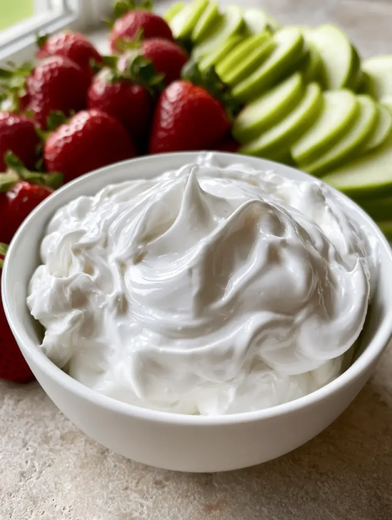 Close-up view of a velvety smooth Cream Cheese Marshmallow Fruit Dip showing its thick, glossy surface and soft peaks inside a white ceramic bowl.