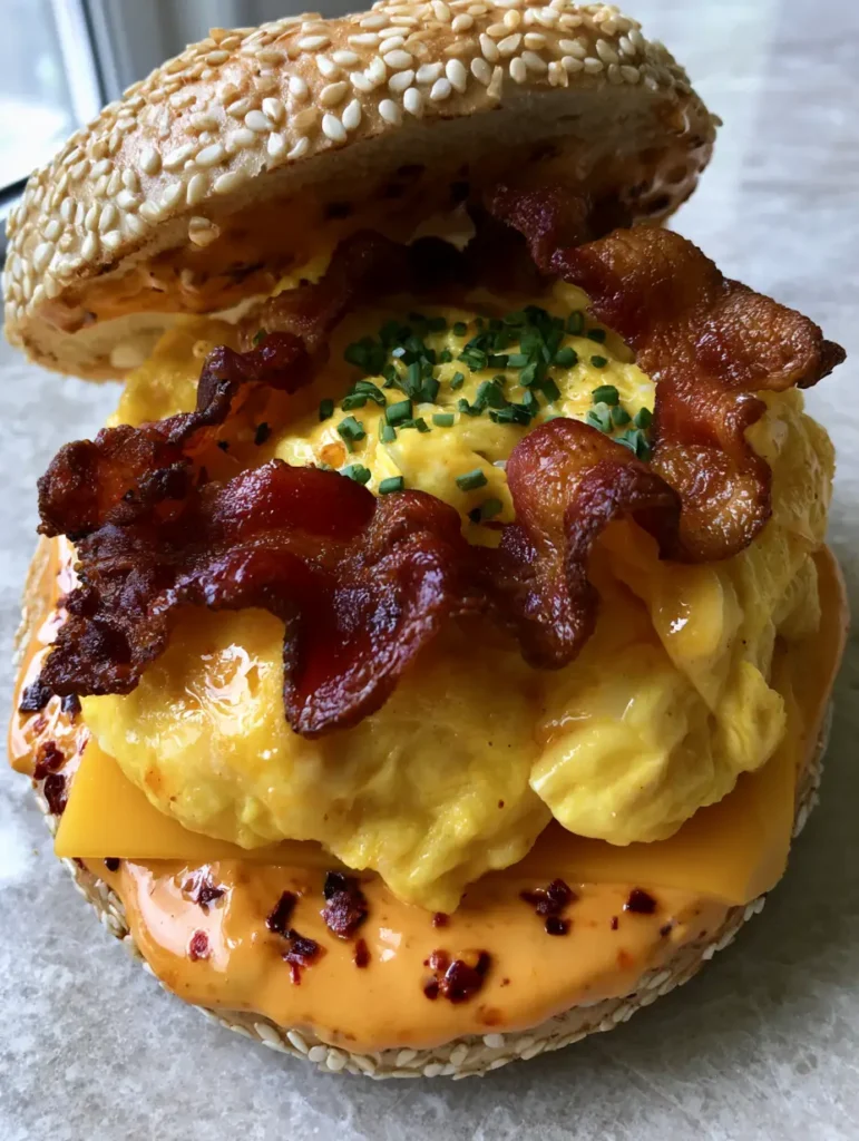Close-up of wavy dark golden-brown bacon and melted sharp yellow cheddar in a Spicy Chipotle Breakfast Sandwich.