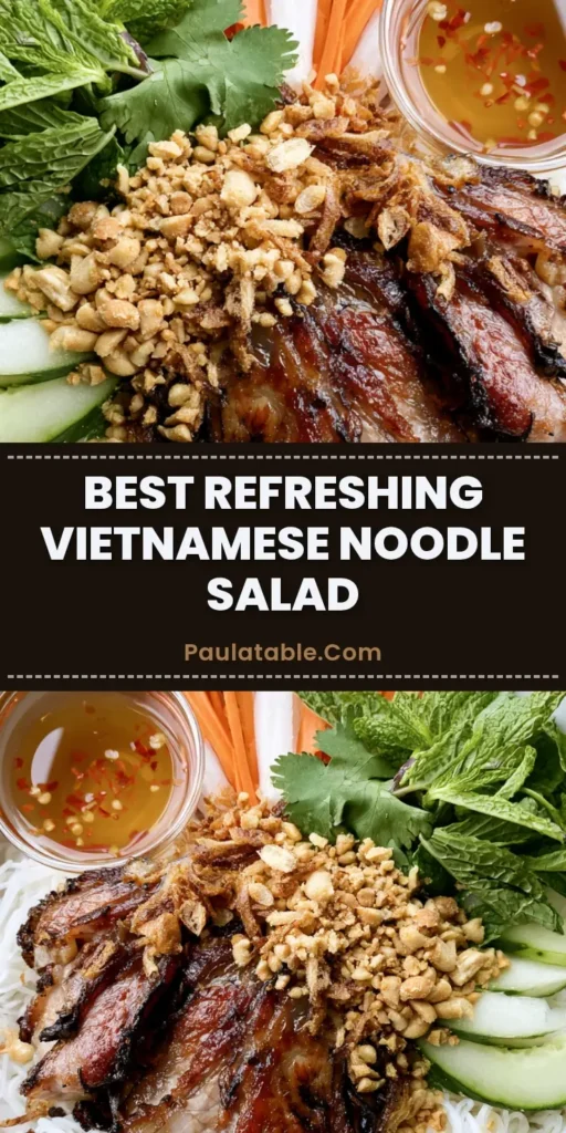 A top-down smartphone photo of a Vietnamese Noodle Salad bowl featuring white vermicelli, grilled lemongrass pork with charred edges, julienned carrots, cucumbers, and a side of amber dipping sauce.