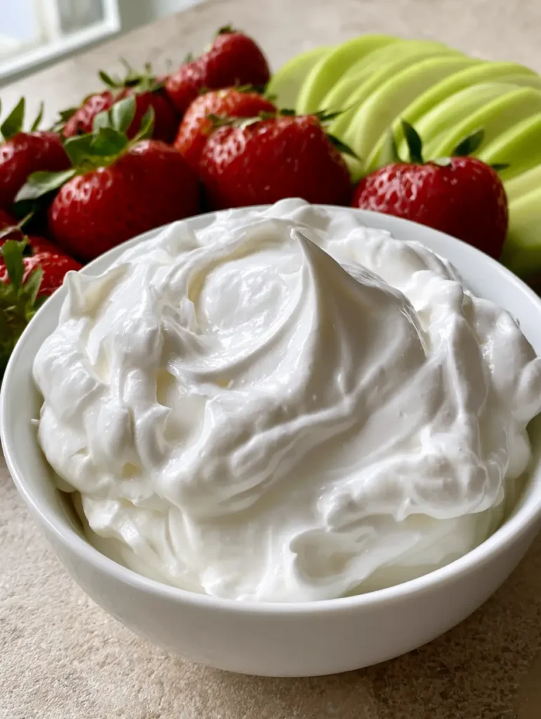 A beautifully arranged fruit dip platter with crisp green apple slices, vibrant whole strawberries, and a central bowl of fluffy Cream Cheese Marshmallow Fruit Dip.