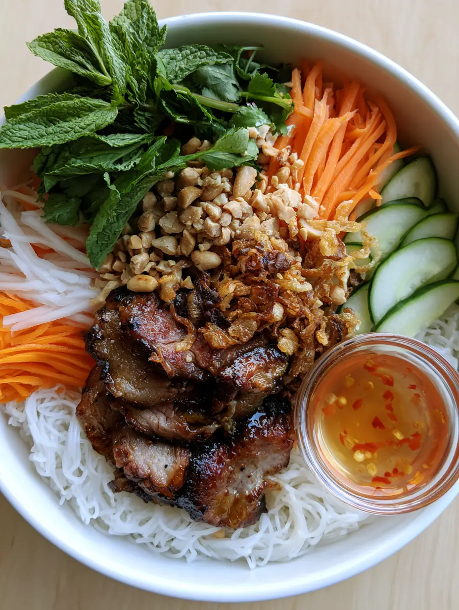 Close-up of bright white rice vermicelli noodles topped with glossy grilled pork and vibrant fresh mint in a white ceramic bowl. (Vietnamese Noodle Salad)