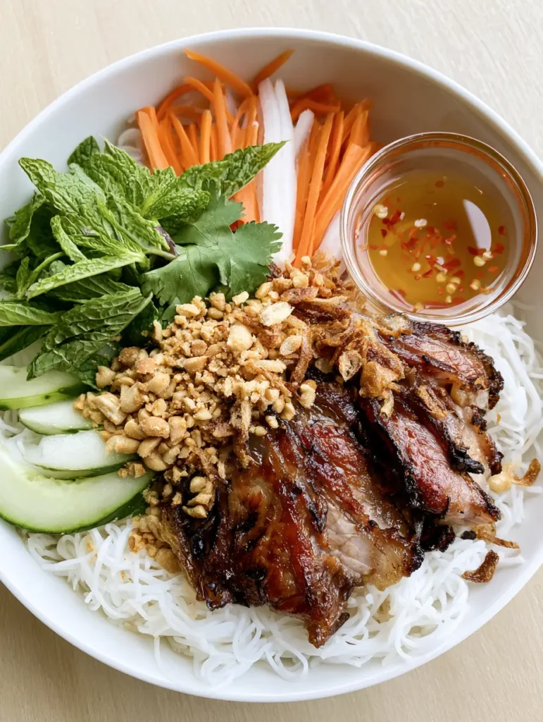 Top-down view of a completed Vietnamese Noodle Salad featuring sections of orange carrots, white daikon, green cucumbers, and crushed peanuts.