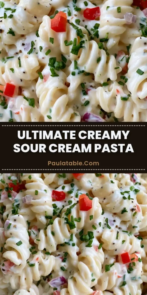 A top-down Pinterest pin showing a white bowl of Creamy Sour Cream Pasta Salad with rotini, red peppers, and chives on a wooden table.