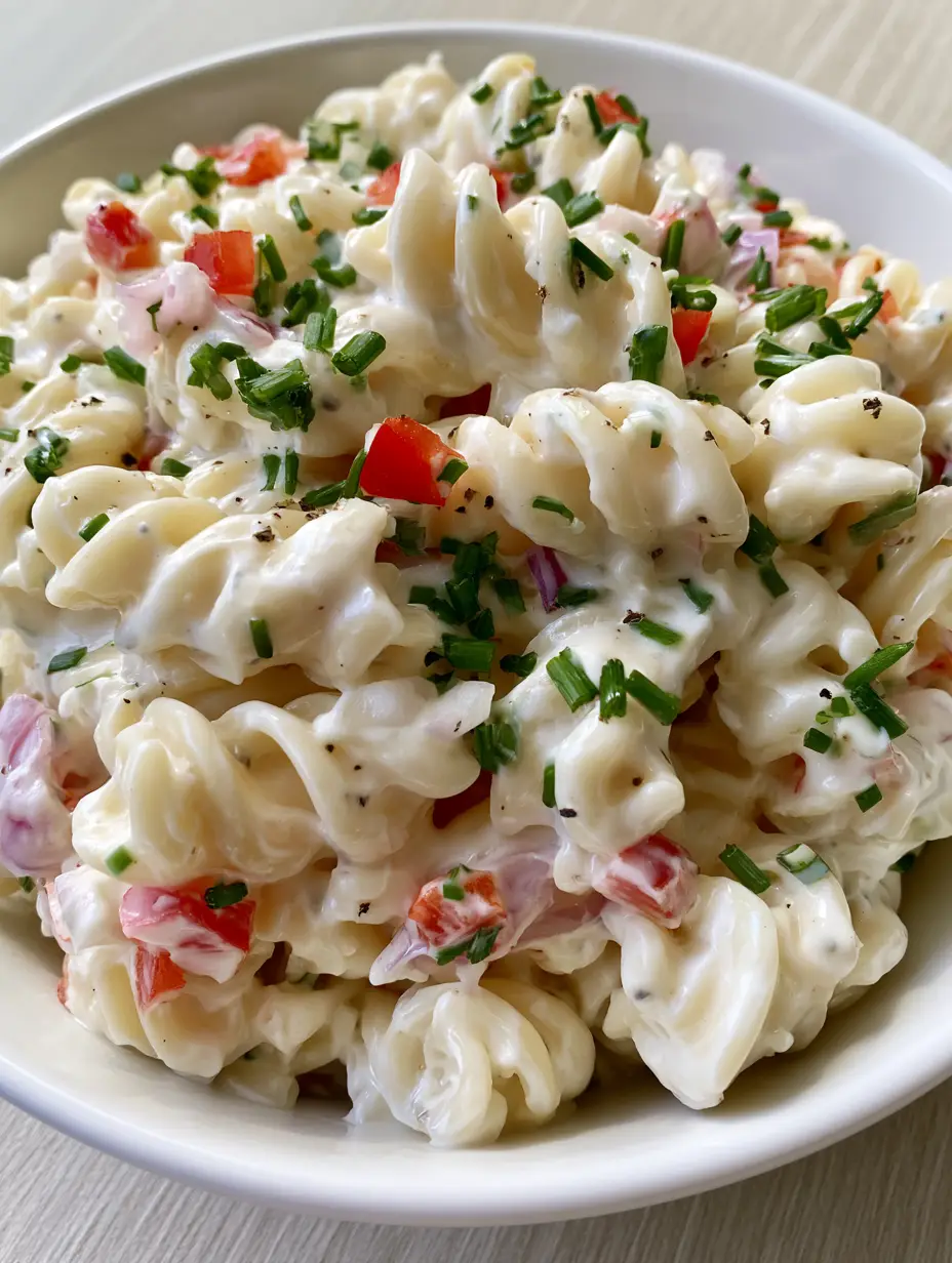 Close-up handheld smartphone photo of Creamy Sour Cream Pasta Salad in a white ceramic bowl, showing glossy dressing and red peppers.