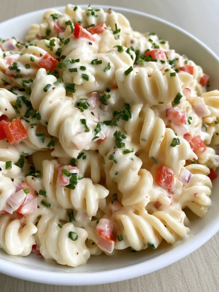 A bright, airy shot of rotini pasta salad with translucent red onion slivers and green chives in a glossy sour cream sauce.