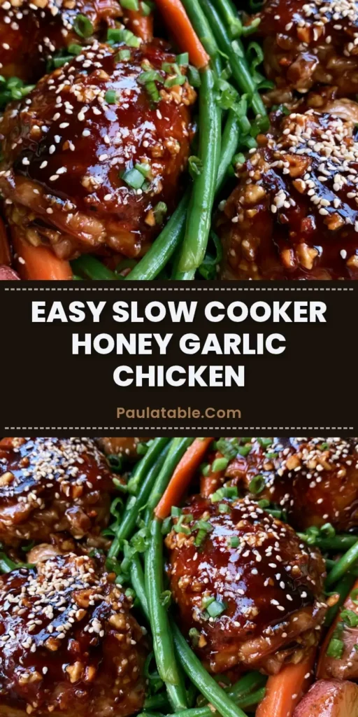 Slow Cooker Honey Garlic Chicken with Tender Potatoes and Carrots 4 A top-down view of Slow Cooker Honey Garlic Chicken with glazed thighs, red potatoes, and vibrant green beans in a ceramic pot.