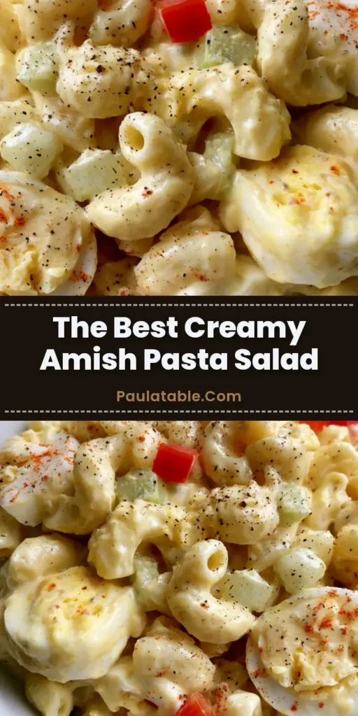 A white bowl filled with creamy Amish Pasta Salad, featuring elbow macaroni, large egg chunks, and red peppers. (Amish Pasta Salad)
