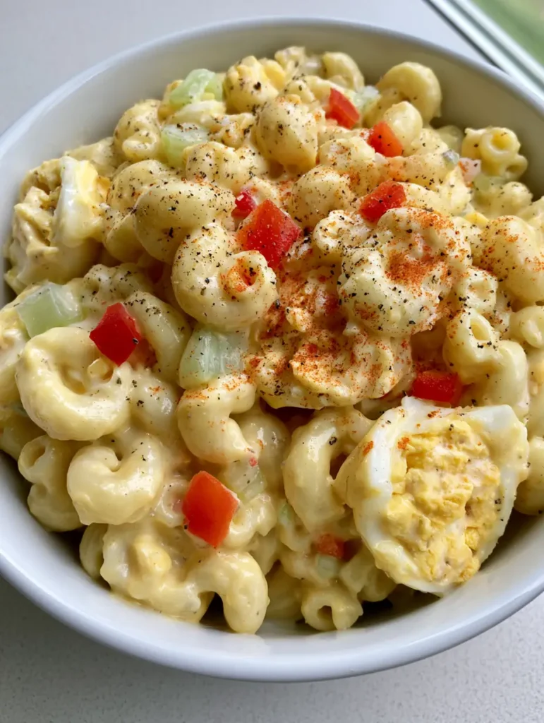 Close up of Amish Pasta Salad showing translucent celery and bright red bell pepper squares. (Amish Pasta Salad)