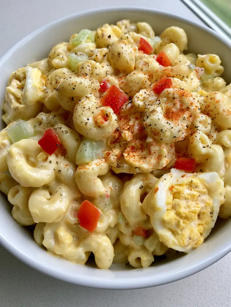 Close up of Amish Pasta Salad showing translucent celery and bright red bell pepper squares. (Amish Pasta Salad)