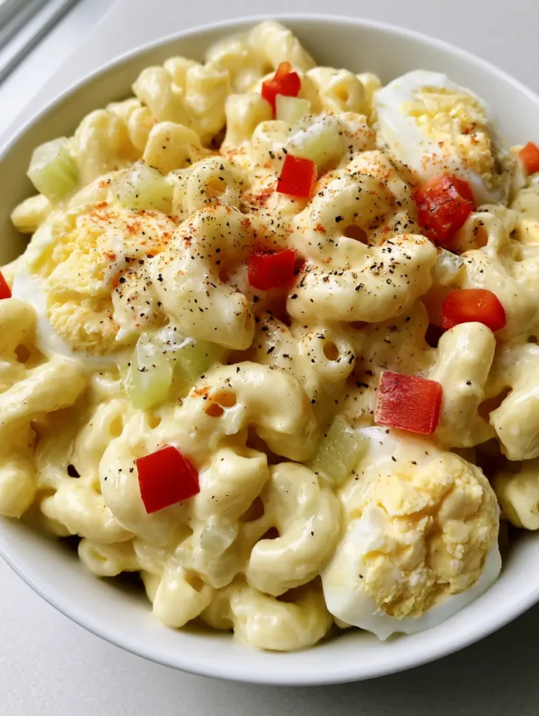 Amish Pasta Salad garnished with paprika and black pepper in a white bowl.