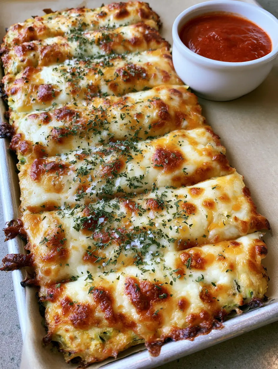 Handheld smartphone photo of Cheesy Zucchini Breadsticks featuring a bubbling blanket of golden-brown mozzarella and white cheddar cheese with visible browned toasted spots.