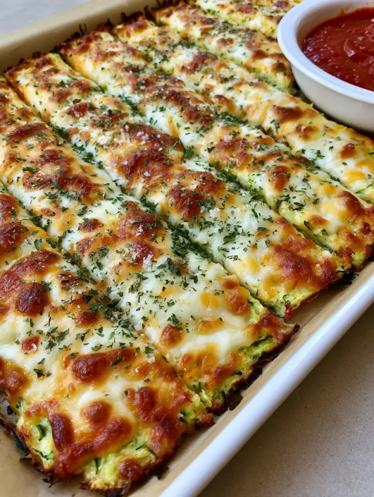 Close-up lifestyle food photography of rectangular Cheesy Zucchini Breadsticks with green-flecked zucchini crust, crisp charred edges, and a small ceramic bowl of vibrant red marinara sauce.