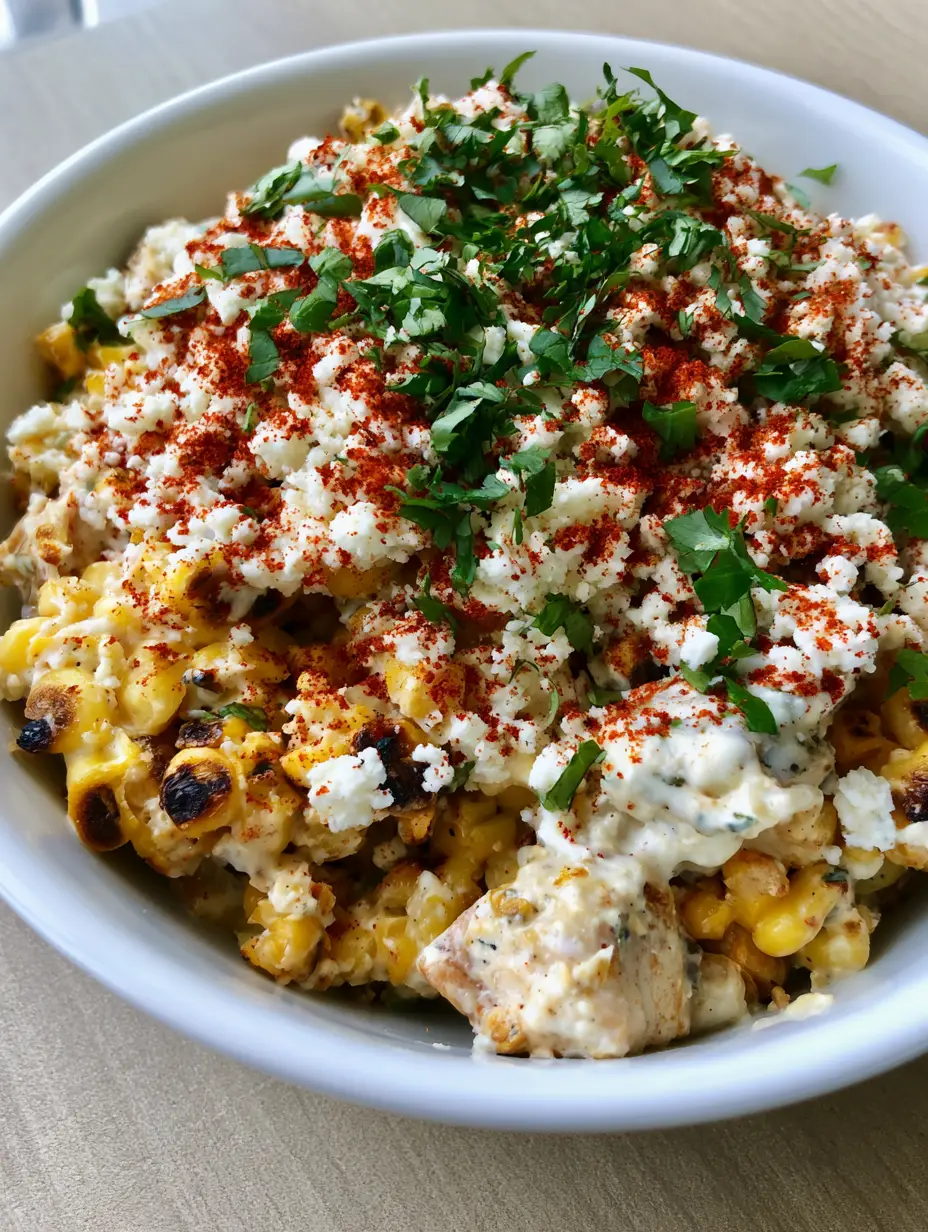 A handheld smartphone photo of a white ceramic bowl containing Mexican Street Corn Chicken Salad with charred corn kernels and fresh cilantro.