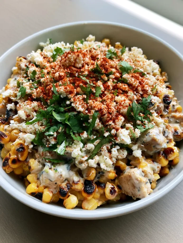 Overhead shot of Mexican Street Corn Chicken Salad garnished with cotija cheese and chili powder on a wooden surface.