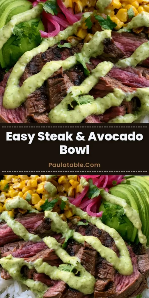 A close-up of a Steak and Avocado Rice Bowl in a gray ceramic dish with seared sirloin, fanned avocado, charred corn, and cilantro cream sauce.