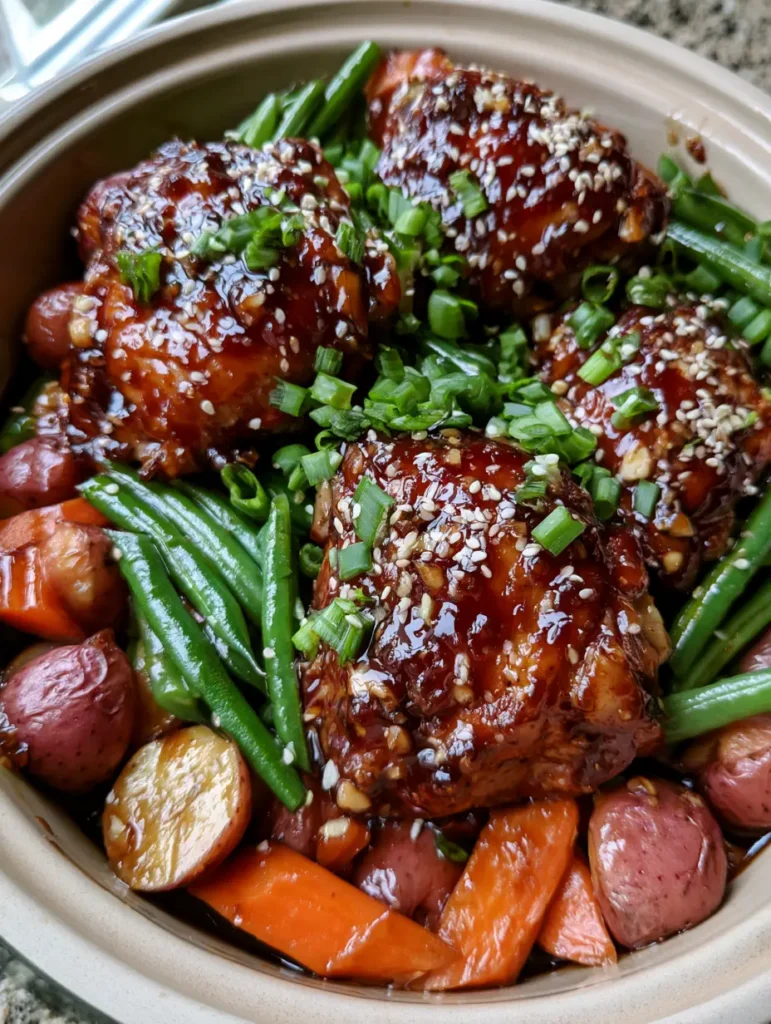 Slow Cooker Honey Garlic Chicken with Tender Potatoes and Carrots 2 Close-up of mahogany-glazed chicken thighs with visible minced garlic and sesame seeds. (Slow Cooker Honey Garlic Chicken)