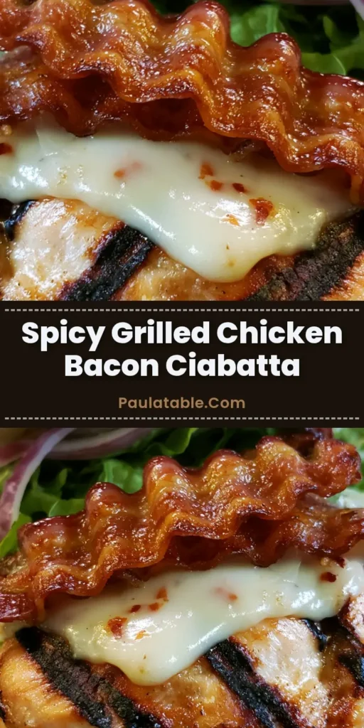 A tall Spicy Grilled Chicken Ciabatta sandwich with dark char marks, melted pepper jack, and crispy bacon on a toasted roll.