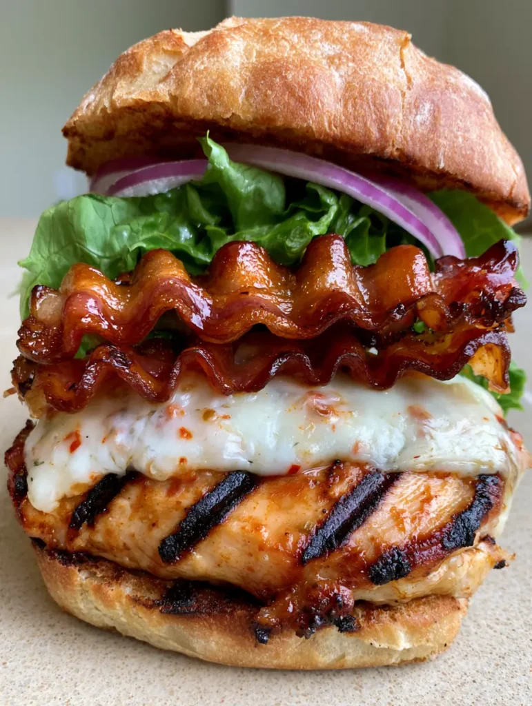 Close up of Spicy Grilled Chicken Ciabatta showing melted cheese with chili flecks and wavy bacon strips.