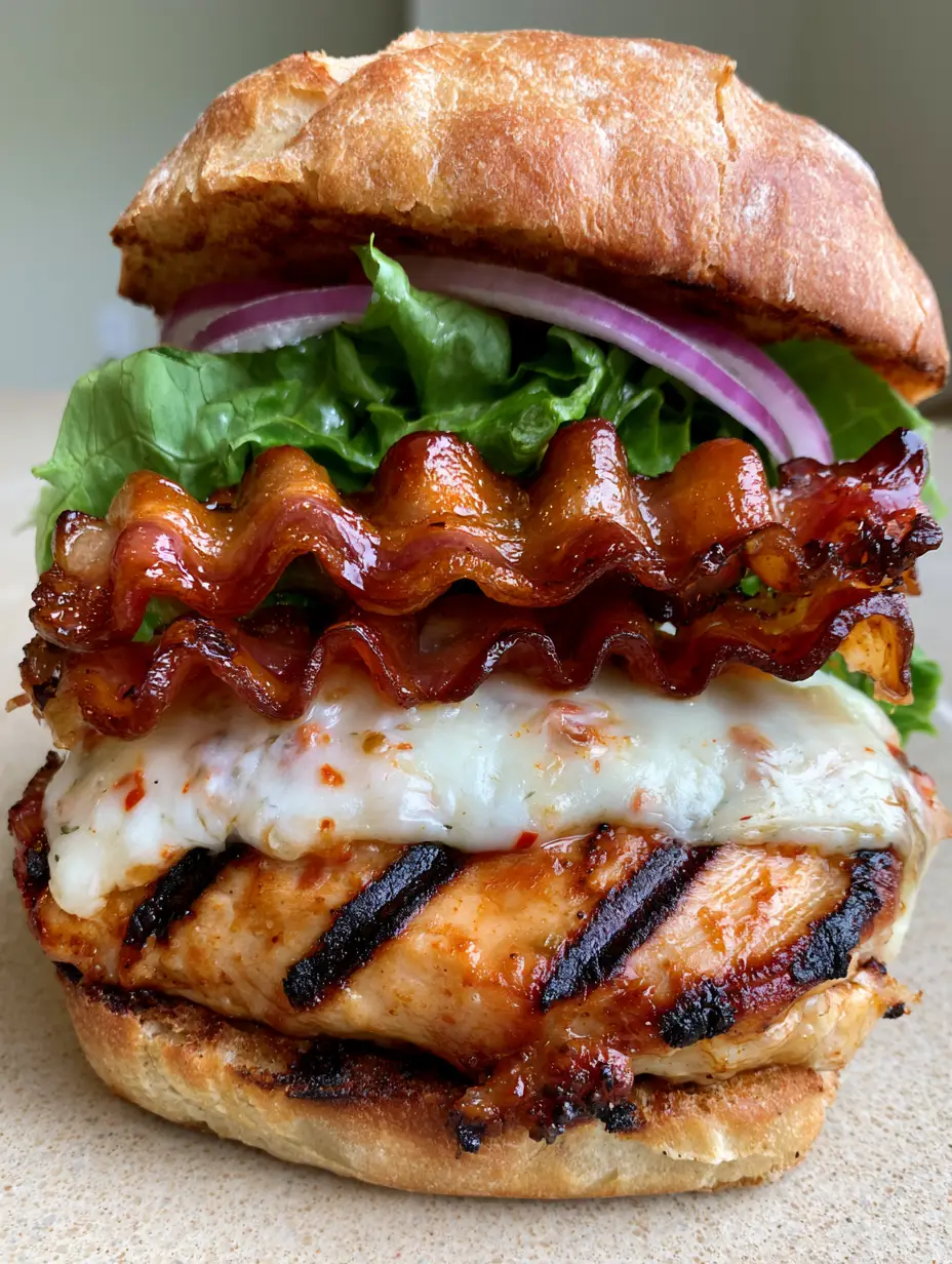 Close up of Spicy Grilled Chicken Ciabatta showing melted cheese with chili flecks and wavy bacon strips.
