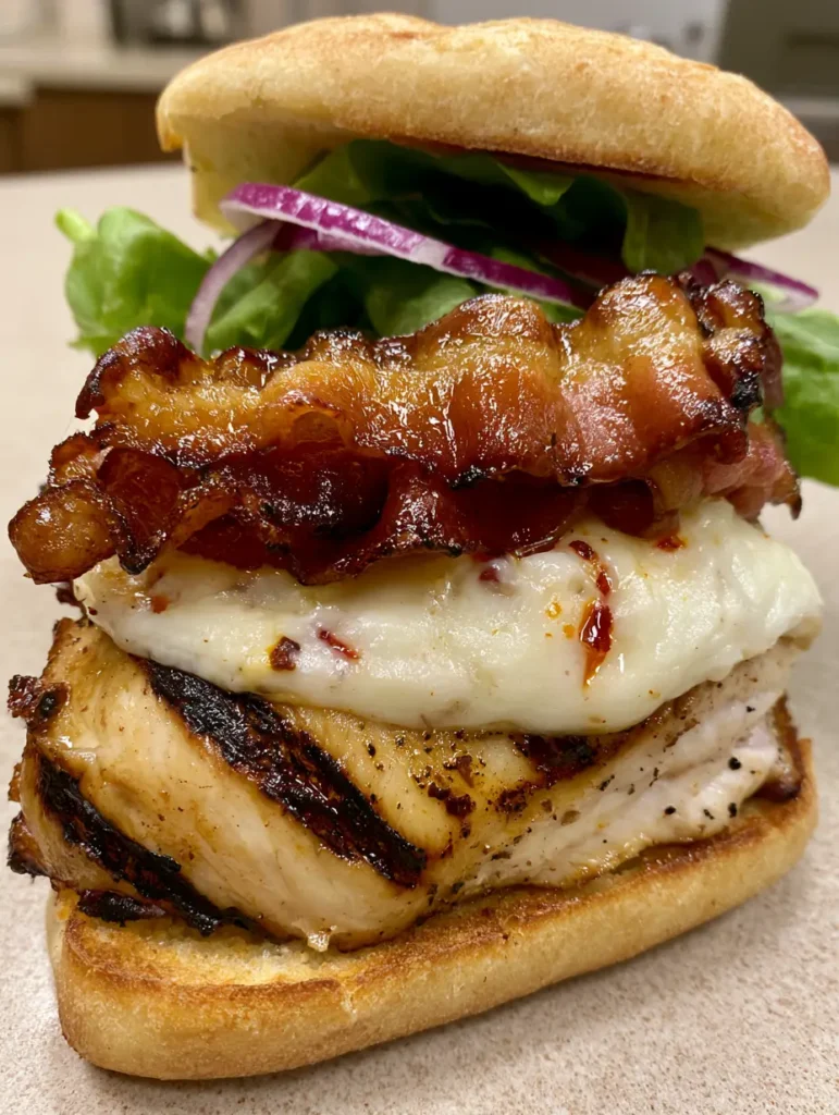 A side view of the Spicy Grilled Chicken Ciabatta highlighting the tall stack of lettuce, onion, and charred chicken.