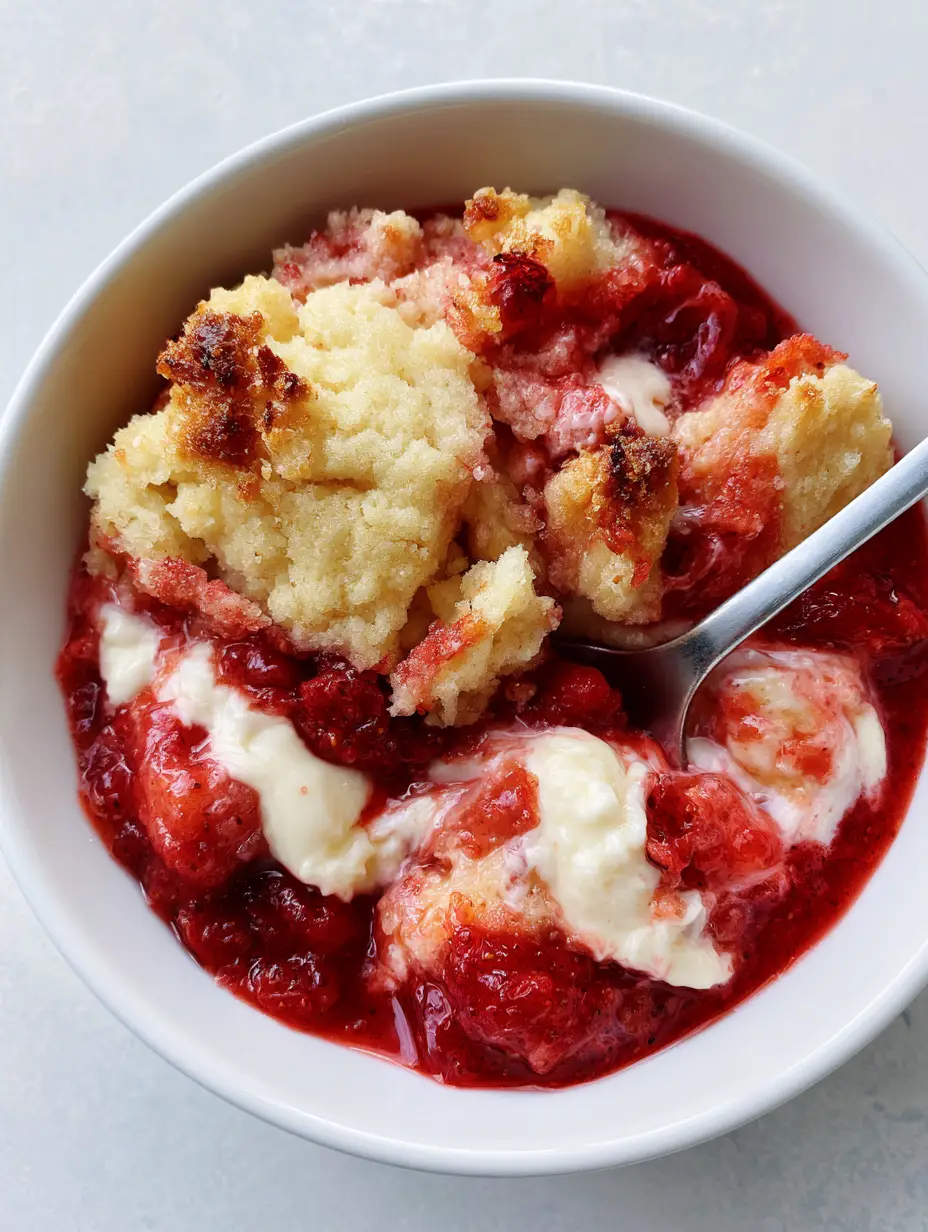 Top-down view of Strawberry Cheesecake Dump Cake in a white ceramic bowl featuring glossy red filling and creamy white cheesecake swirls.