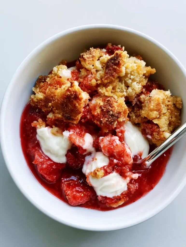 Close-up of the textured, uneven golden-brown buttery cake crumble on top of a strawberry cheesecake dump cake.