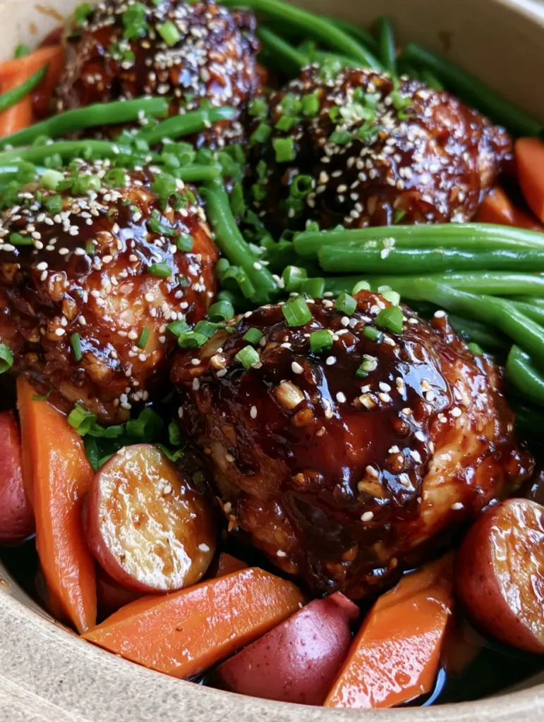 Slow Cooker Honey Garlic Chicken with Tender Potatoes and Carrots 1 A ceramic slow cooker pot filled with tender red potatoes, diagonal-cut carrots, and honey garlic chicken.
