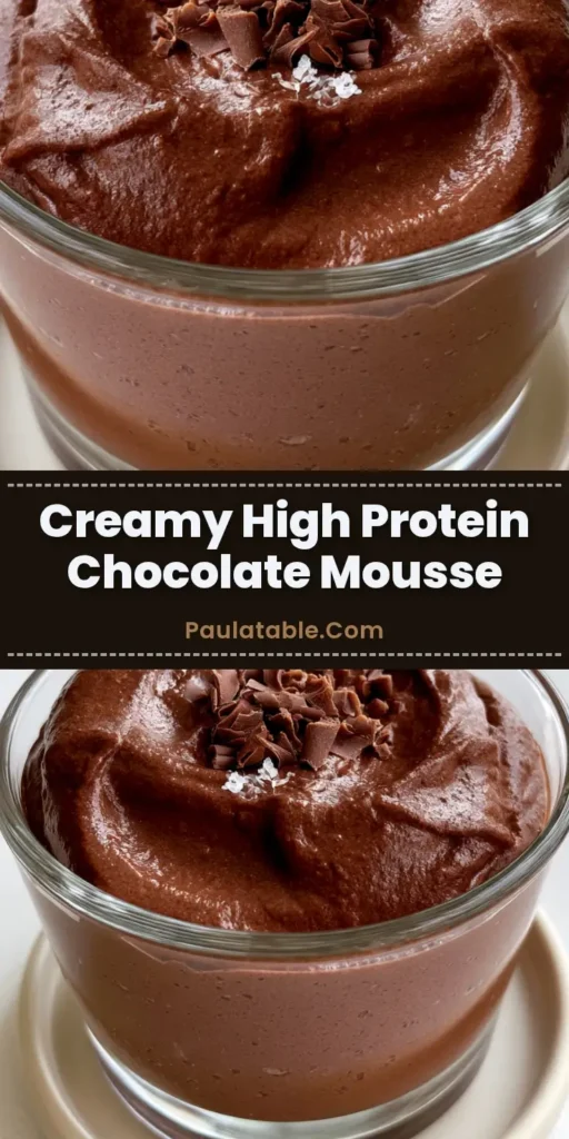 A close-up of High Protein Chocolate Mousse in a clear glass ramekin topped with chocolate shavings and salt.