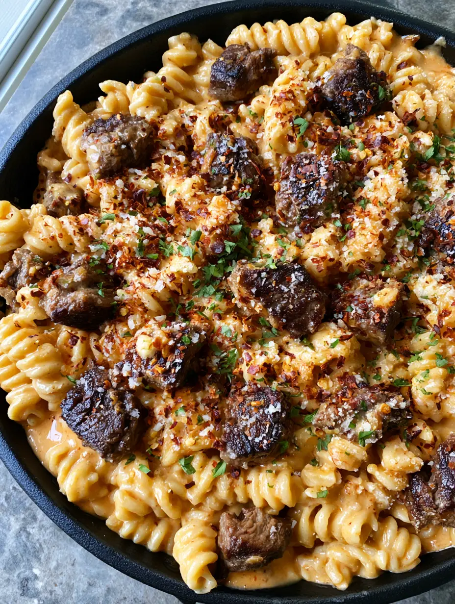 Close-up of rotini pasta and caramelized steak cubes in a creamy orange sauce (One-Pot Steak and Pasta).