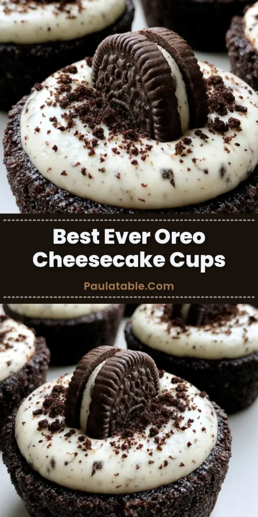 A close-up view of Oreo Cheesecake Cookie Cups arranged on a neutral surface with a mini Oreo garnish and chocolate dust.