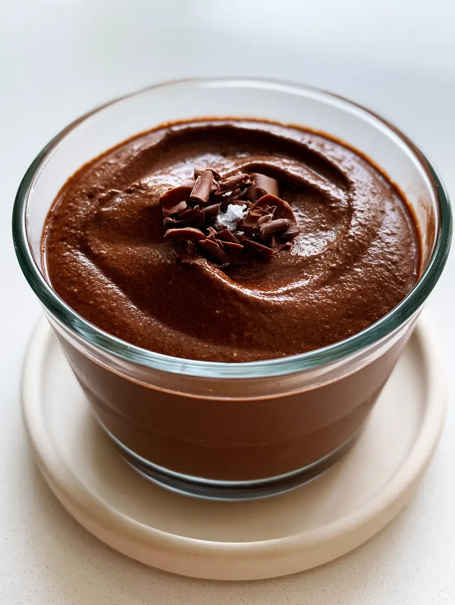 Thick aerated High Protein Chocolate Mousse with soft peaks and chocolate shavings in a clear ramekin.