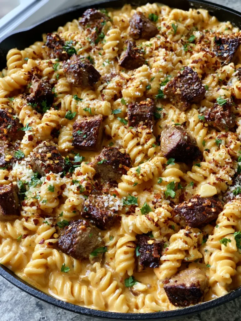 Top-down view of One-Pot Steak and Pasta in a cast iron skillet garnished with parsley and parmesan.
