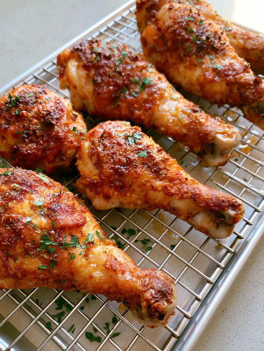 Oven Baked Chicken Drumsticks with Shatteringly Crispy Skin 3 Detailed view of Oven Baked Chicken Drumsticks showing golden-brown skin and spice layers.