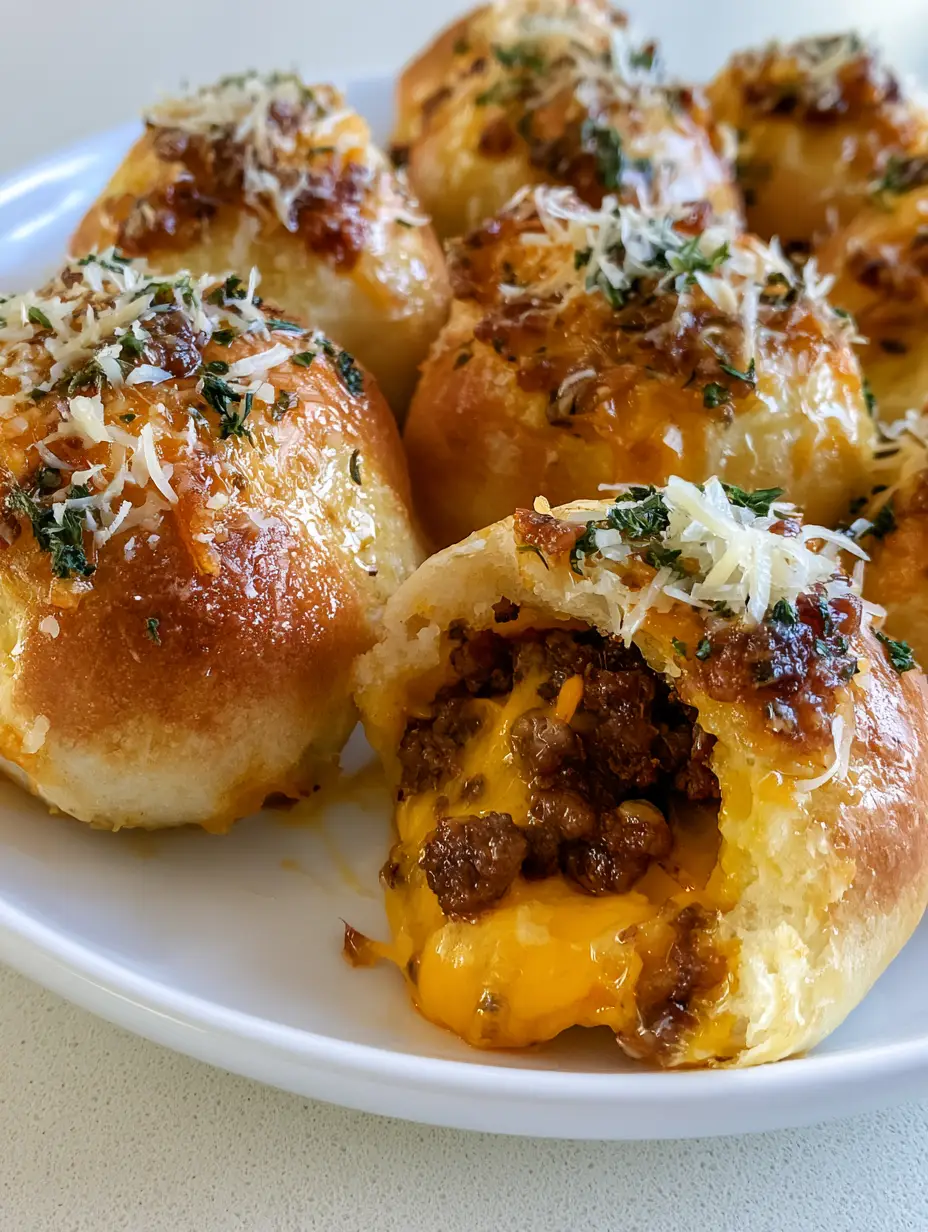 A close-up handheld smartphone photo of Cheeseburger Bombs on a white plate, showing the glistening garlic butter and parsley topping.