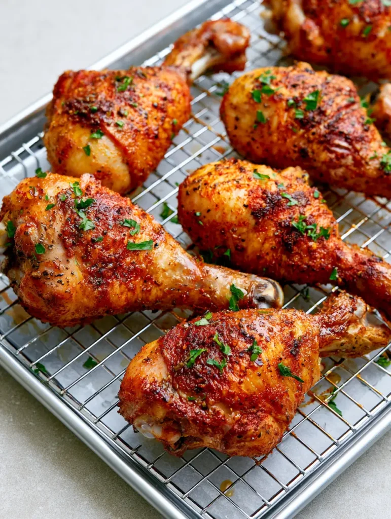 Oven Baked Chicken Drumsticks with Shatteringly Crispy Skin 1 Roasted chicken drumsticks on a silver wire rack over parchment paper.