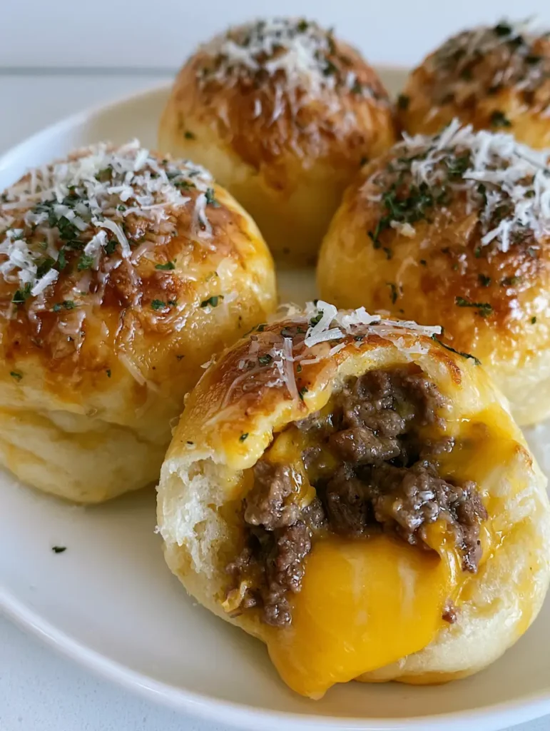 A Cheeseburger Bomb pulled apart to reveal seasoned browned ground beef and thick, gooey melted yellow cheddar cheese.