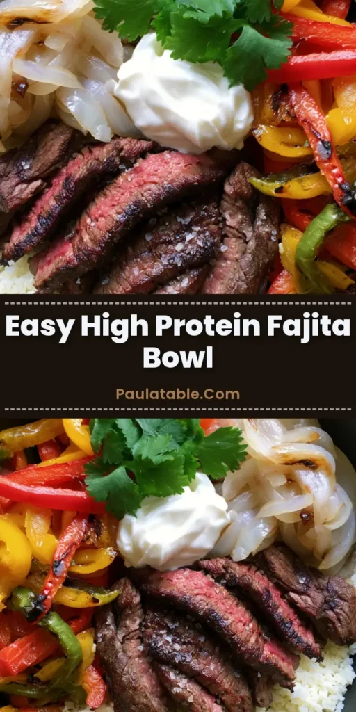 A high-protein Steak Fajita Bowl featuring seared skirt steak, charred peppers, and cauliflower rice in a matte black bowl.