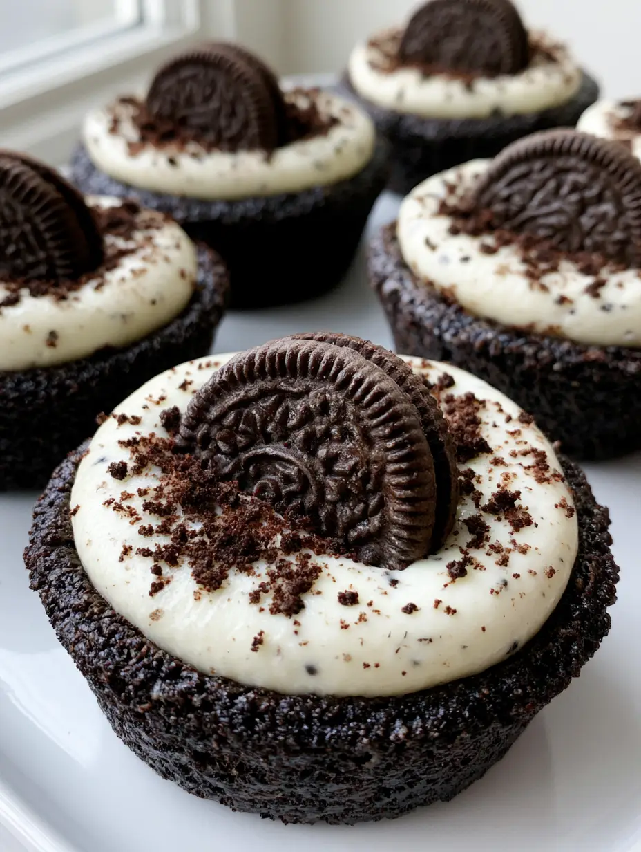 A handheld smartphone photo of an Oreo cheesecake cookie cup showing the dark crust and creamy white filling.
